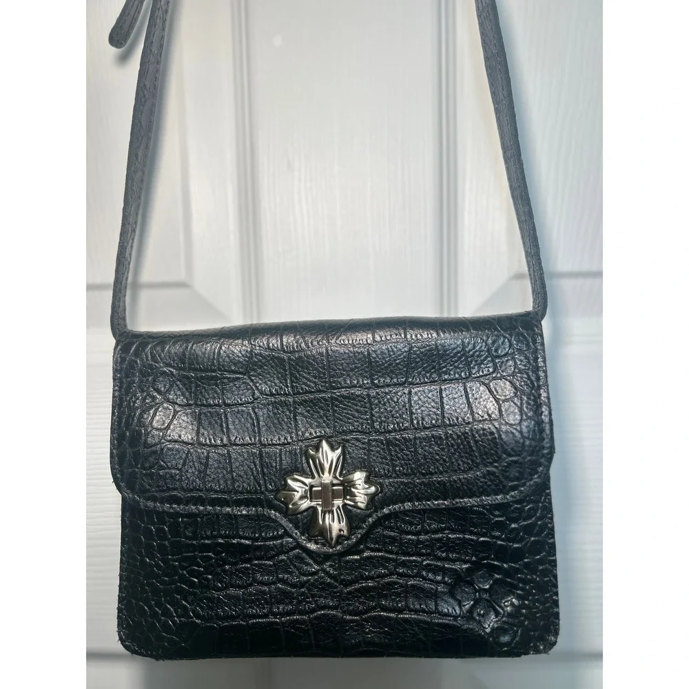 Patricia Nash Crossbody Bag Croc Embossed Black Leather Cross Turn Lock Small